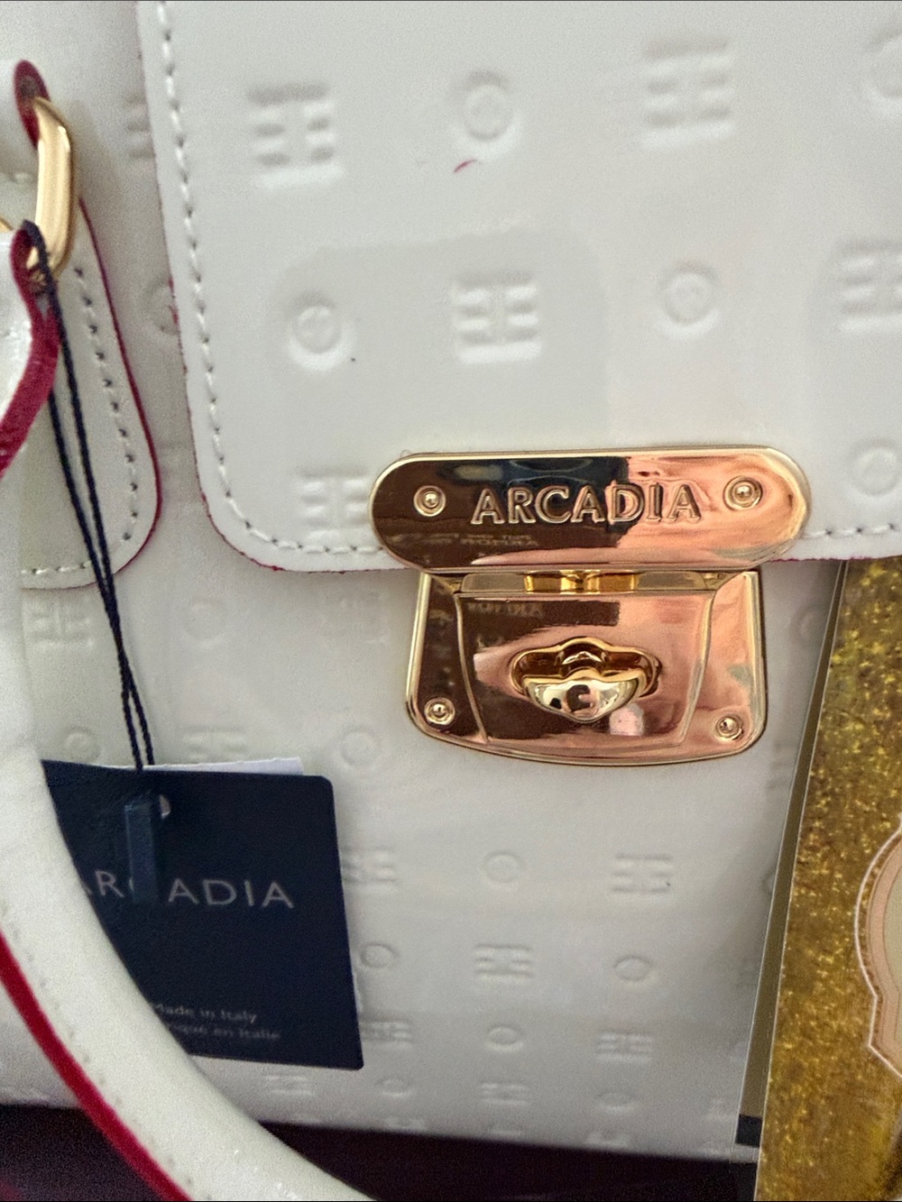 Arcadia White Embossed Leather Satchel with Gold Hardware - Picture 5 of 6